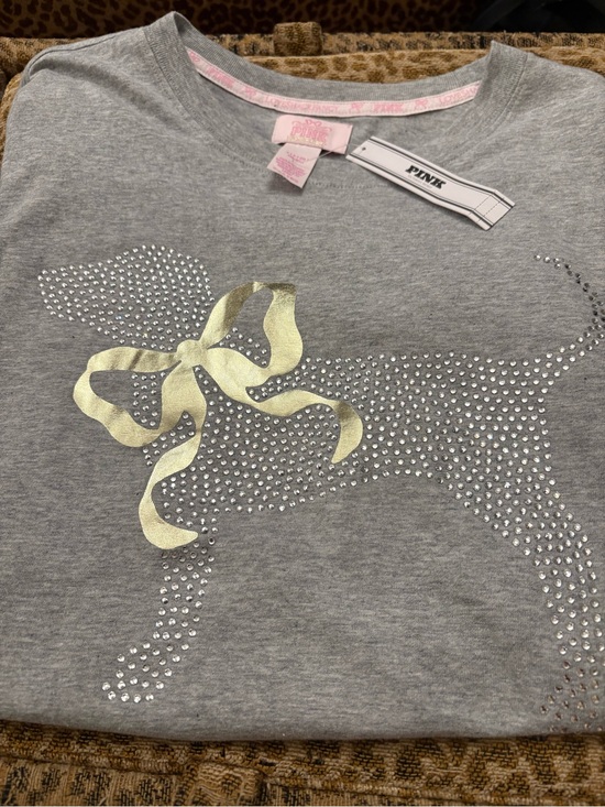 LoveShackFancy Tops - LoveShackFancy Gray Short Sleeve Tee with Gold Bow Rhinestone Dog Motif